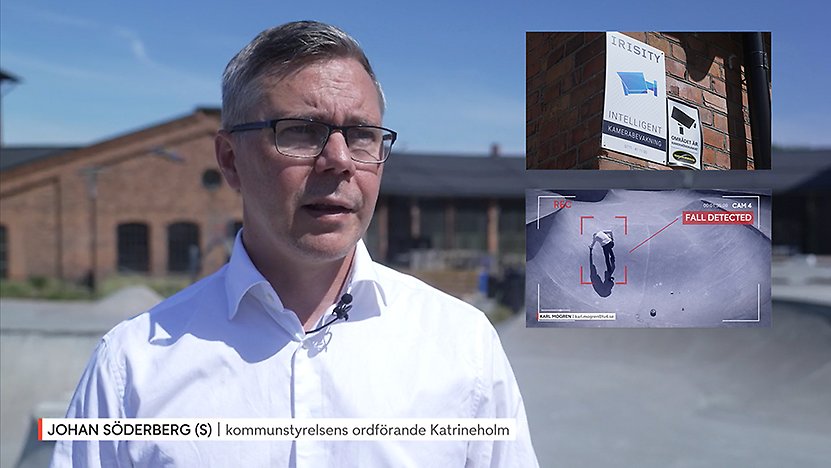 Johan Söderberg berättar i ett TV4 nyhetsinslag, om AI kameror i Katrineholm.