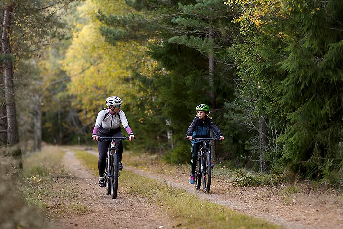 Två personer, en äldre och en yngre, cyklar i skogen