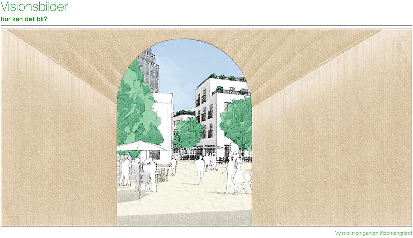 Vy från Köpmangatan, genom Köpmangränd mot norr.